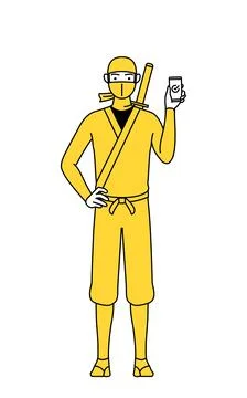 A man dressed up as a ninja using a smartphone at work. Stock Illustration