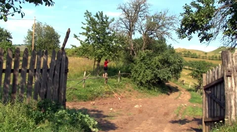 Man dressed in red cherries from a cherry pick the fruit Stock Footage 58815860