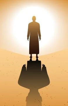 Man dressed in a robe standing on a sandy landscape and bright sun background Stock-Illustration