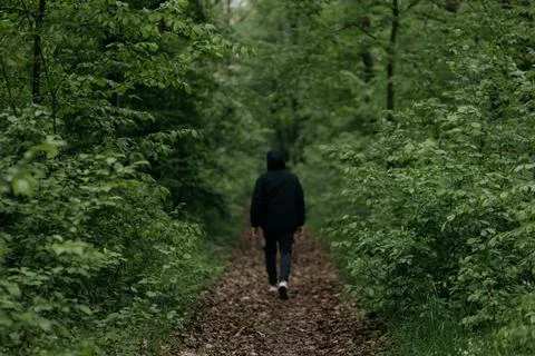 A man dressed in  walks through the forest Stock Photos