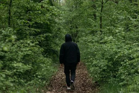 A man dressed in  walks through the forest Stock Photos