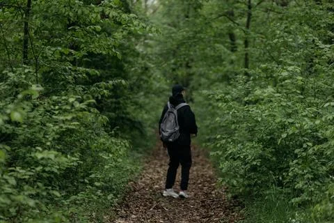 A man dressed in  walks through the forest Stock Photos
