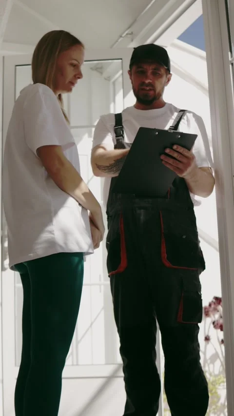 A man dressed in work attire holds a repair plan in his hands as he explain.. Stock Footage 267061462