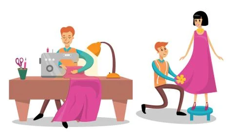 Man Dressmaker or Tailor Sewing on Machine and Serving Customer Vector Illustrazione stock