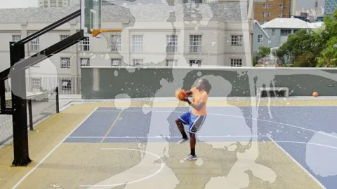 Man dribbling sprinting to rim, dunking to score while paint overlay covering Stock Footage 332956376