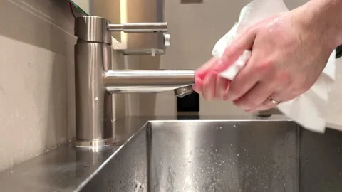 A man dries his wet hands with white paper towels over a sink in a green hoodie Stock Footage 302640366