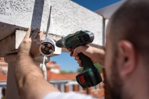 Man with a drill installing security cameras for surveillance in a house. Stock Photos
