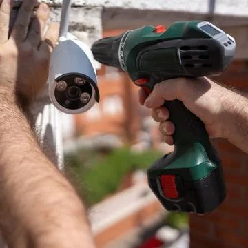 Man with a drill installing security cameras for surveillance in a house. Stock Photos