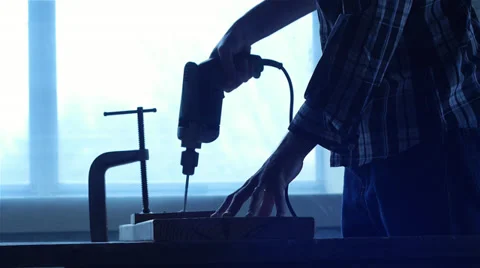 Man Drilling in Workshop (Slow Motion) Stock Footage 37583251