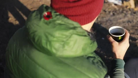 Man drink coffee in winter mountains Video stock 167601056