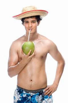 Man drinking coconut milk Fotos Stock
