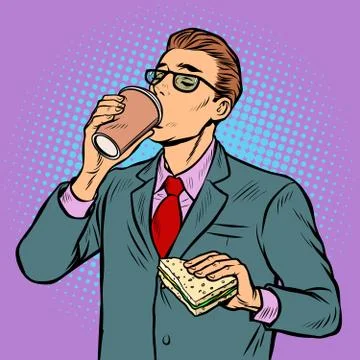 Man drinking coffee and eating sandwich Illustrazione stock
