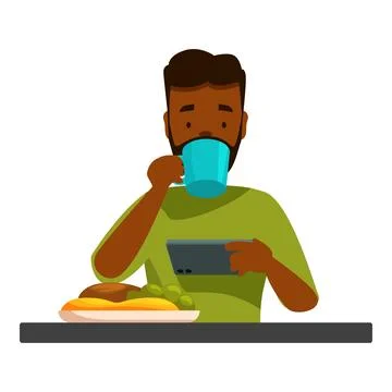 Man drinking coffee and using smartphone at breakfast table Stock Illustration