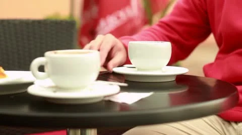 Man drinking coffee in cafe, outdoors, steadicam shot 스톡 동영상 10842252