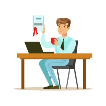 Man Drinking Coffee With Finished Signed Contract, Part Of Office Workers Series 库存插图