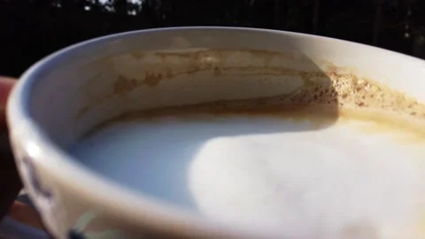 Man drinking coffee with foam in the garden on a sunny morning, POV, HD Stock Footage 158627976