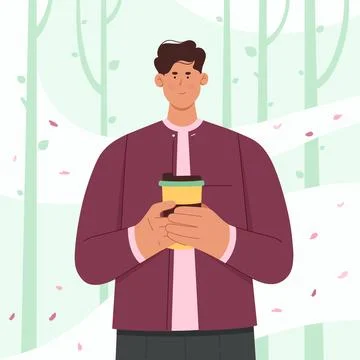 Man drinking coffee in spring park, male character among trees and flying cherry Stock Illustration