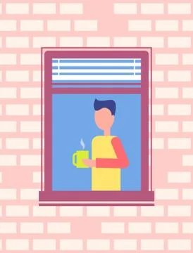 Man Drinking Coffee Stands Open Window, Brick Wall Stock Illustration