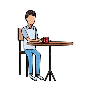 Man drinking coffee on table scribble 스톡 일러스트