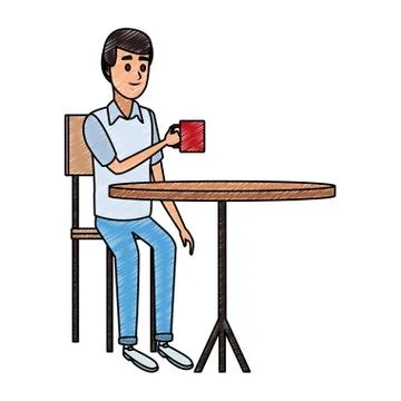Man drinking coffee on table scribble Illustrazione stock