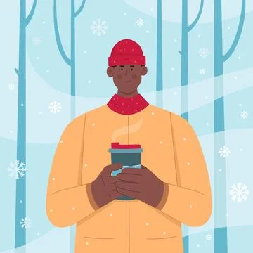Man drinking coffee in winter park Stock Illustration