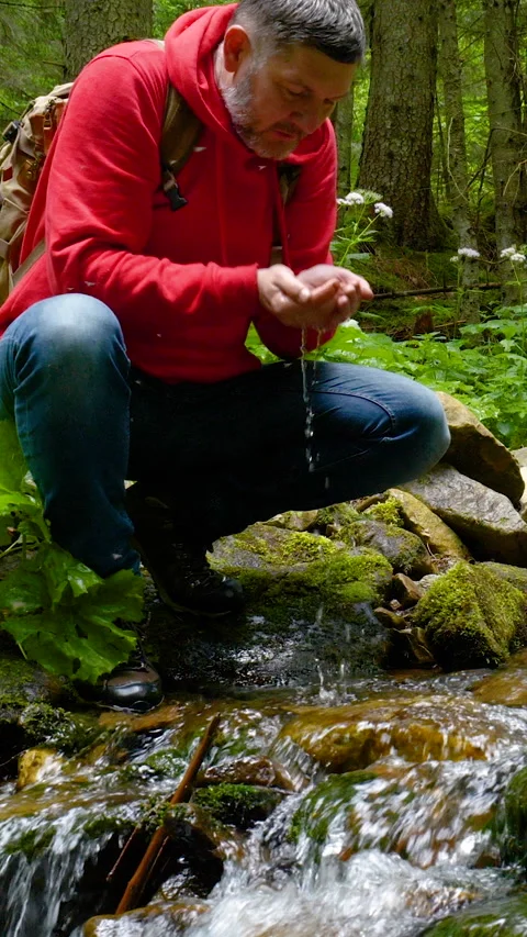 Man drinking fresh water from forest stream Видео 334771425