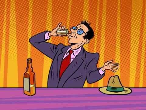 Man drinking strong alcohol in a bar, alcoholism Stock Illustration