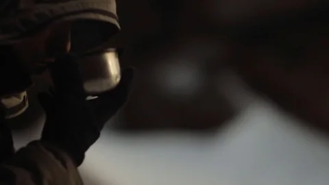 Man drinking tea in the cold. Video stock 83674722