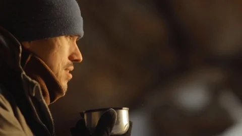 Man drinking tea in the cold. Stock Footage 83674797