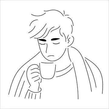 Man Drinking Tea or Coffee in Blanket, Morning Sick Day Line Art Stock Illustration