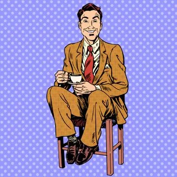 Man drinking tea sitting on the stool Stock Illustration