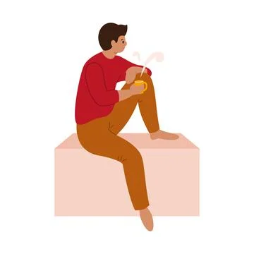 A man is drinking tea while holding a cup of hot beverage. Vector flat design Stock Illustration