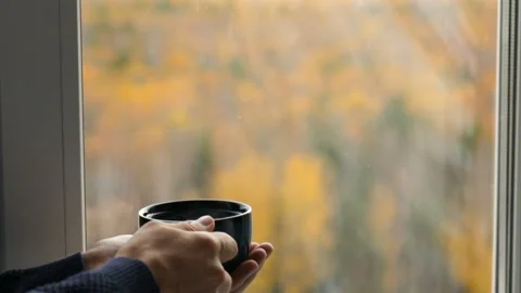 Man drinking tea at the window Stock Footage 102849354