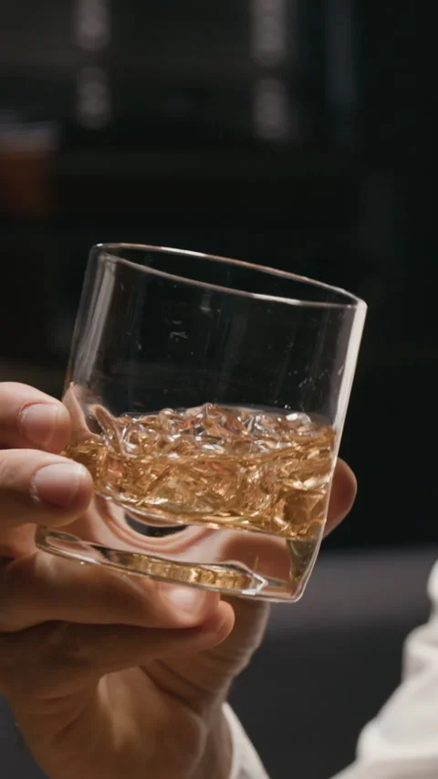 Man Drinking Whiskey on Rocks in Alcohol Addiction Concept Stock Footage 344850644