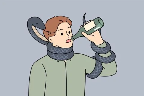 Man drinks beer standing with snake around neck, metaphor for alcohol addiction. Illustrazione stock