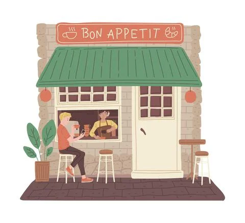 Man drinks coffee outside of cafe building, flat vector illustration isolated on Ilustración de archivo