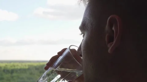 A man drinks water from a glass while looking out the window. Stock Footage 221261141