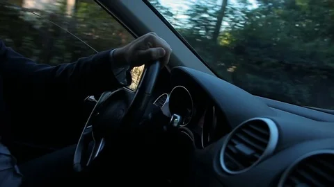 The man drive car inside view, control panel, wheel, close up Stock Footage 77571342