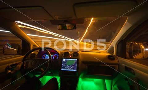 The man drive on the highway. Evening night time. Wide angle Stock Photos