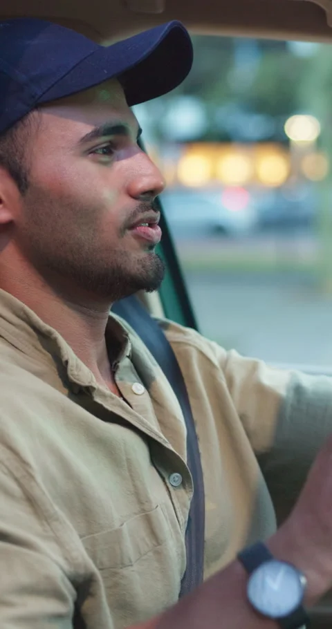 Man, driver and singing in car outdoor for travel, listening to music and Stock Footage 326461384