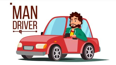 Man Driver Vector. Sitting In Modern Automobile. Buy A New Car. Driving School Stock Illustration
