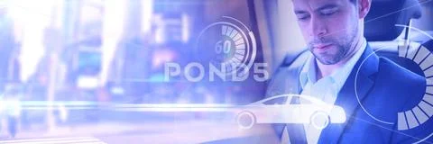 Man in driverless autonomous car with heads up display interface and transition Stock Photos