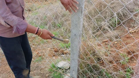 Man drives nail into cement pole to hold mesh in place Vídeo Stock 311625797