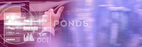 Man driving in car with heads up display interface and city transition Stock Photos