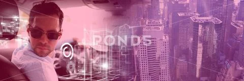 Man driving in car with heads up display interface and city transition Stock Photos