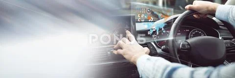 Man driving in car with heads up display interface and transition Stock Photos