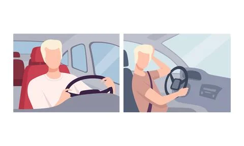 Man Driving Car Sitting at Driver Seat of Motor Vehicle Holding Hands on Stock Illustration