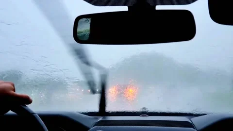 Man Driving on The Highway with Intense Rain Bad Weather Stock Footage 237728480