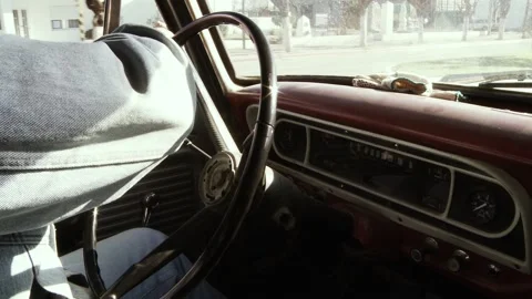 Man Driving an Old Vintage Pickup Truck. Dashboard Close-Up. Zoom In. Stock Footage