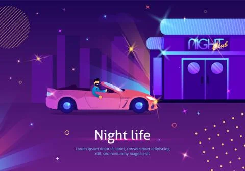 Man Driving Red Cabriolet to Shining Night Club. Stock Illustration